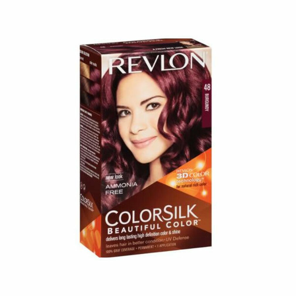Scatola Revlon Colorsilk. Donna con capelli bordeaux. Contiene: Senza ammoniaca, tecnologia 3D Color.