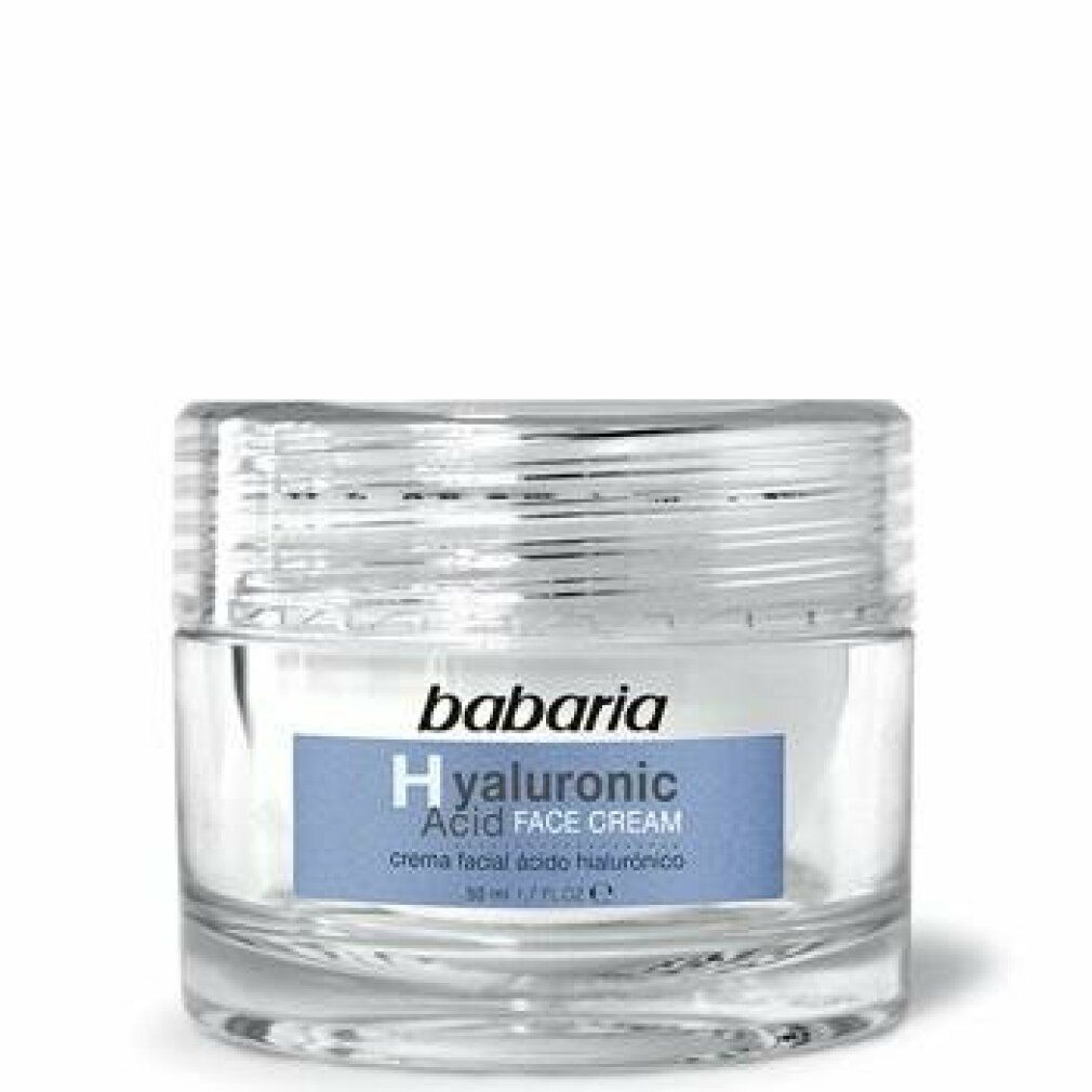 Vasetto di vetro con etichetta blu. Scritta: Babaria Hyaluronic Acid Face Cream.