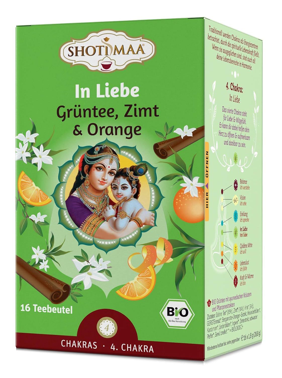 Tè Shoti Maa Chakra: Tè verde, cannella e arancia. 16 bustine. Sigillo Bio e simbolo Chakra.