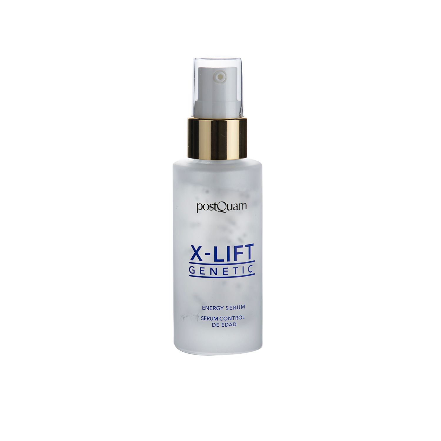 Flacone di siero con vaporizzatore. Scritta: X-Lift Genetic Energy Serum. Flacone trasparente con particelle bianche.
