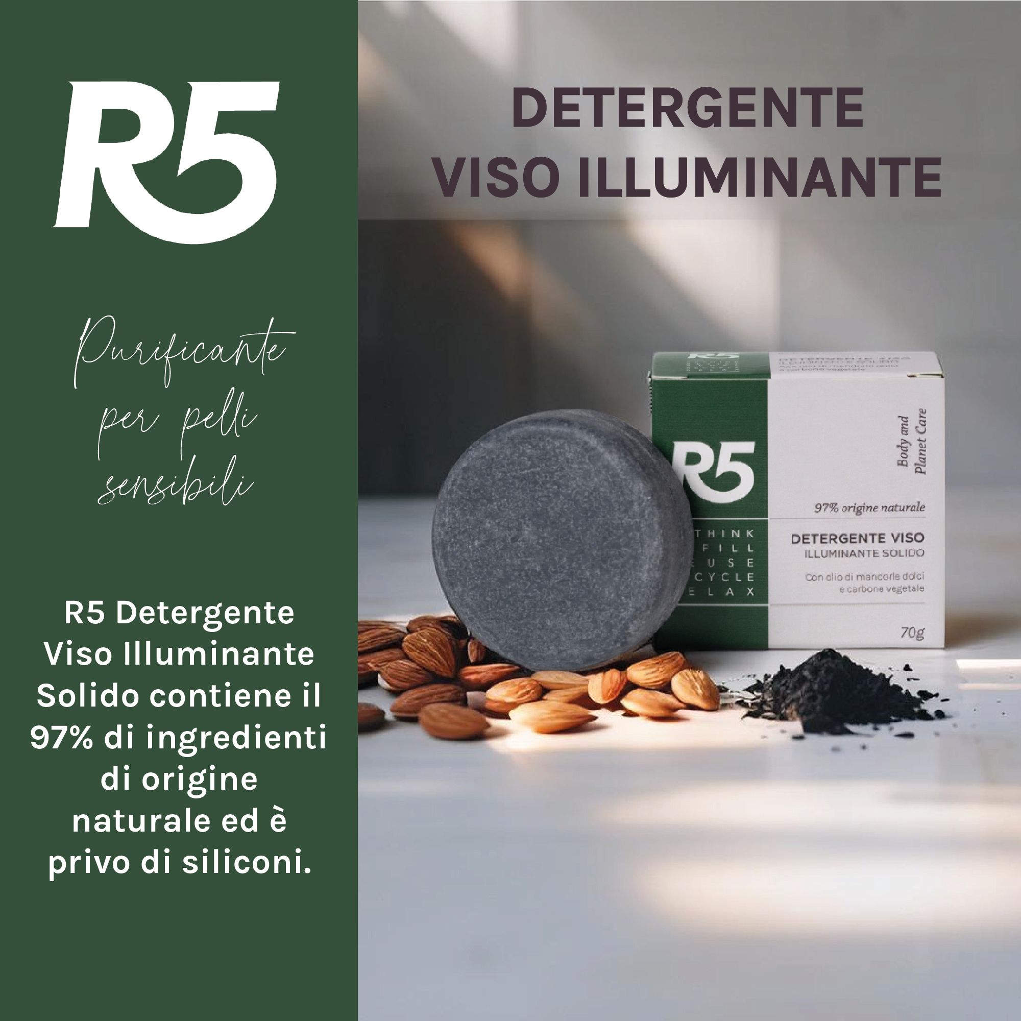 R5 Detergente viso solido, rotondo, grigio, con mandorle e polvere di carbone. 97% ingredienti naturali.