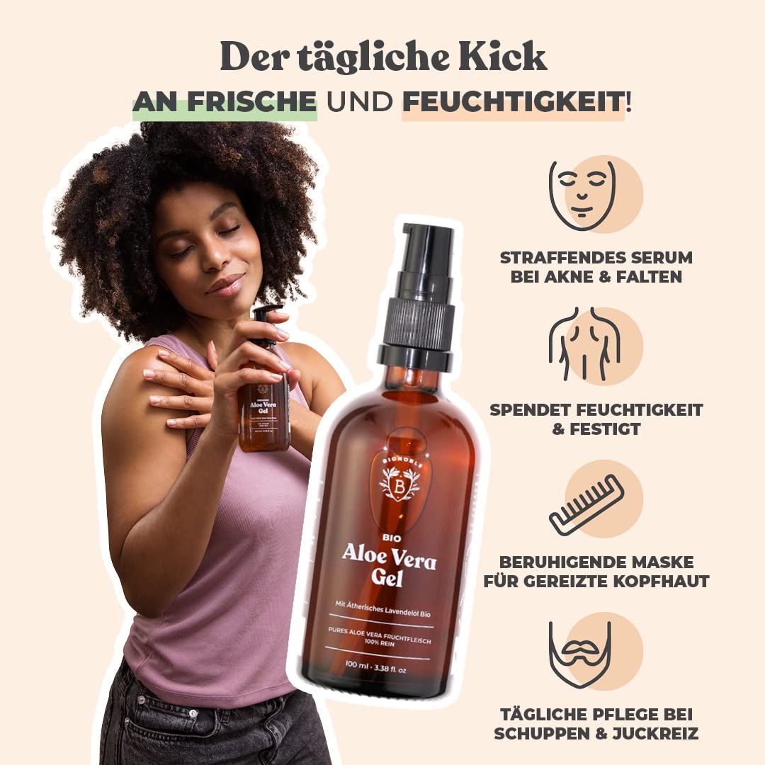 Flacone in vetro marrone di gel Bionoble Bio Aloe Vera. Donna tiene flacone, infografica degli usi.
