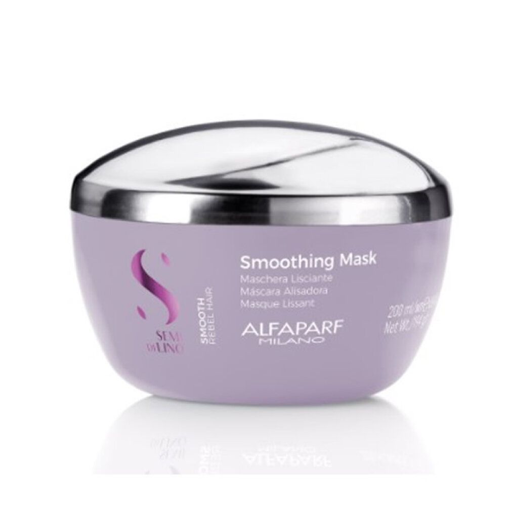 Maschera Lisciante Alfaparf Milano Semi Di Lino in vaso lilla con coperchio argentato.