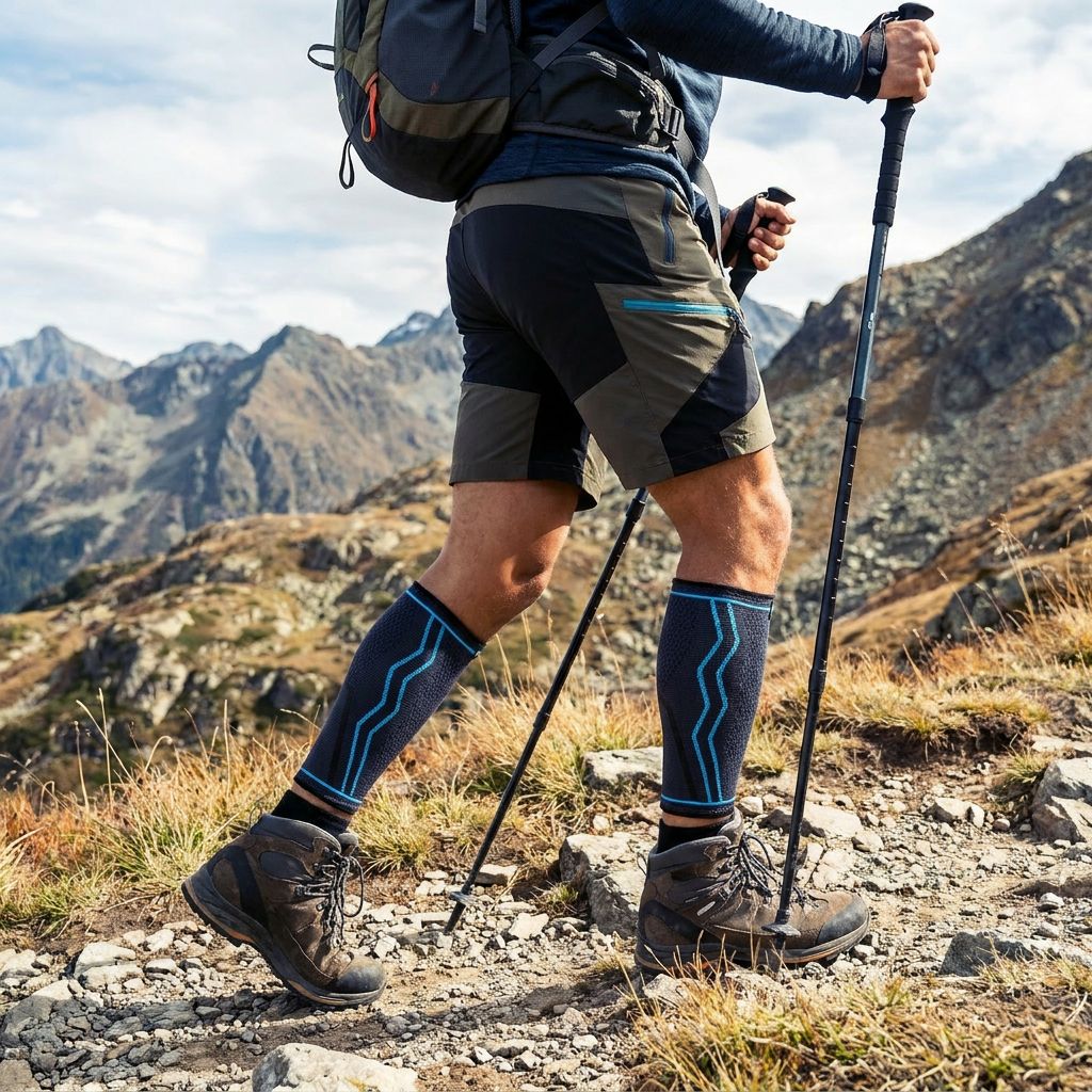Persona che fa escursioni con bendaggi per polpacci neri e linee blu. Montagne sullo sfondo.