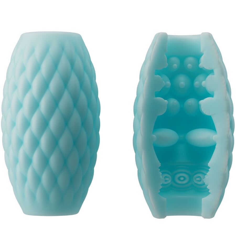 Copertura blu chiaro a forma di ananas con motivo a rombi e perline interne.