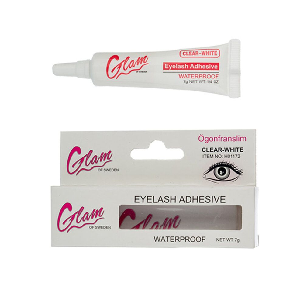 Set di tubetto e scatola bianchi. Tubetto con scritta "Eyelash Adhesive". Scatola con logo del marchio e nome del prodotto. Testo: "Clear-White", "Waterproof".