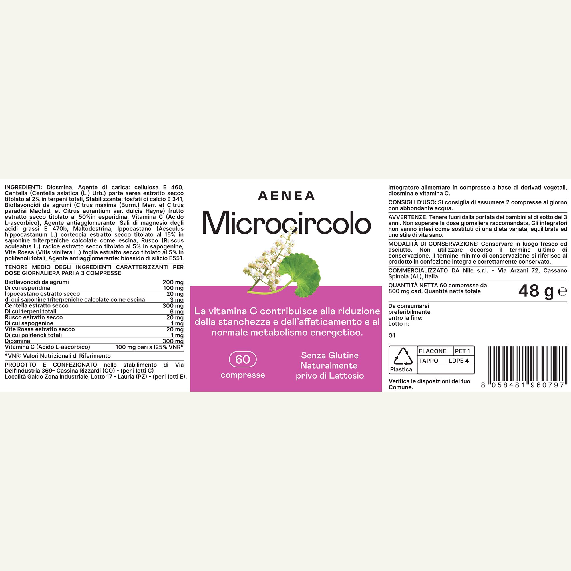 Flacone di compresse Aenea Microcircolo. Scritte: 60 compresse. Ingredienti e informazioni nutrizionali. Senza glutine, lattosio.