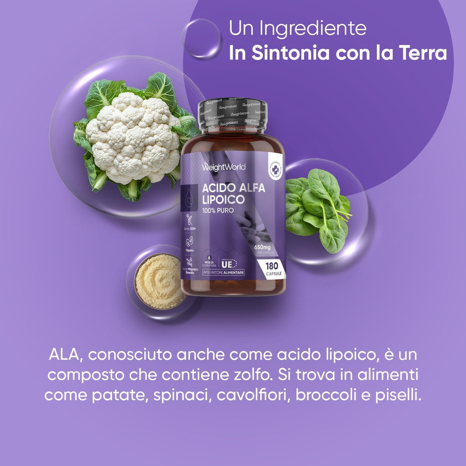 Flacone marrone di capsule, circondato da verdure. Testo: Acido Alfa Lipoico, 180 capsule, 650mg. Certificazione UE.