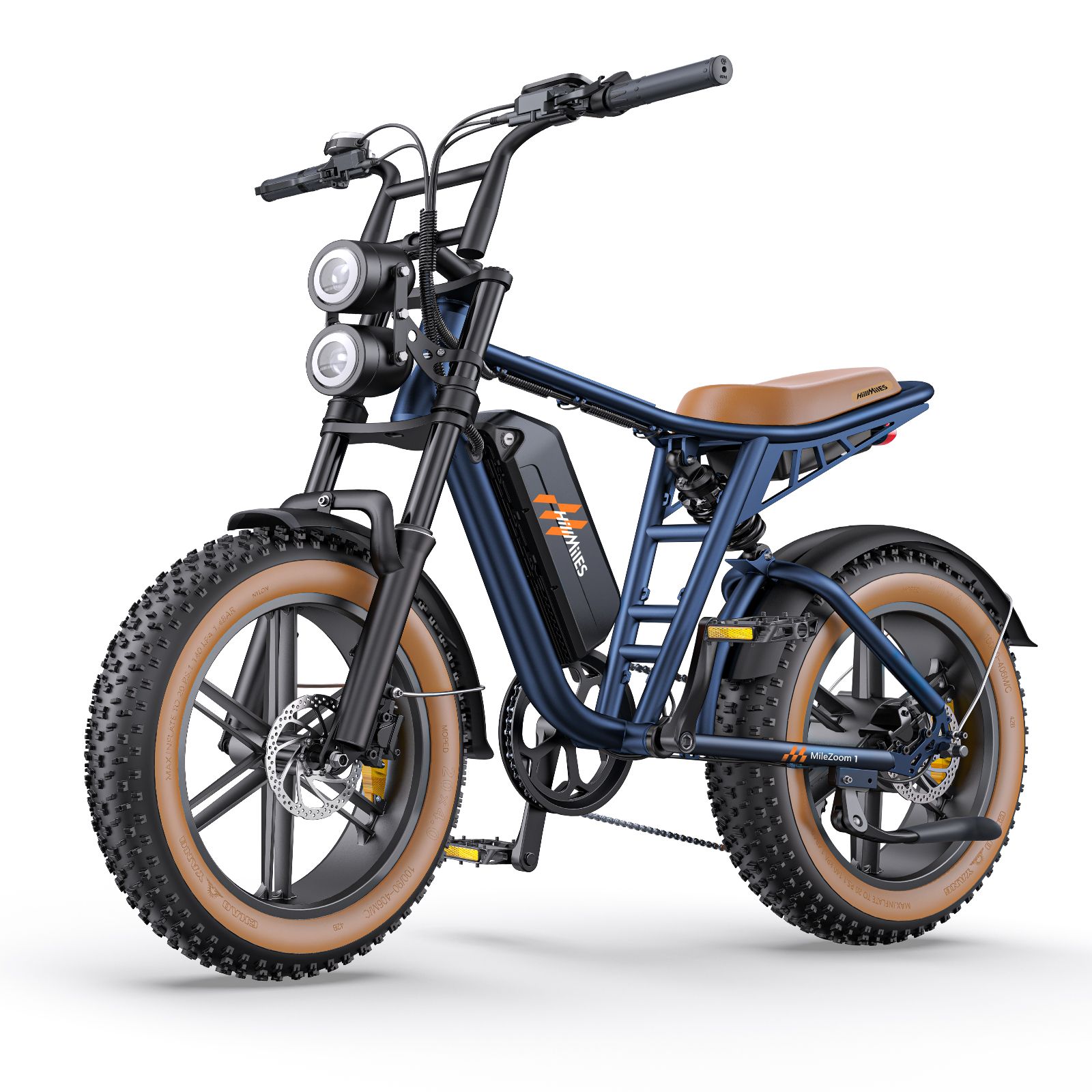 E-bike blu con sella e pneumatici marroni. Due fari, forcella e telaio neri. Batteria con logo.