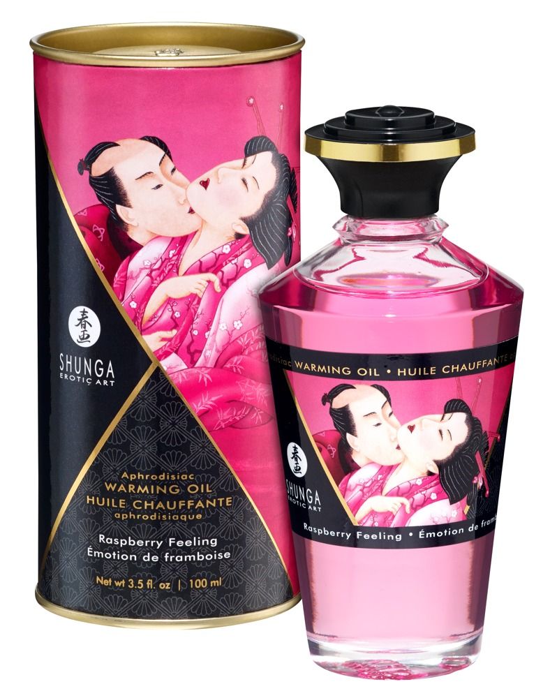 Flacone di olio riscaldante Shunga con motivo lampone e lattina abbinata.