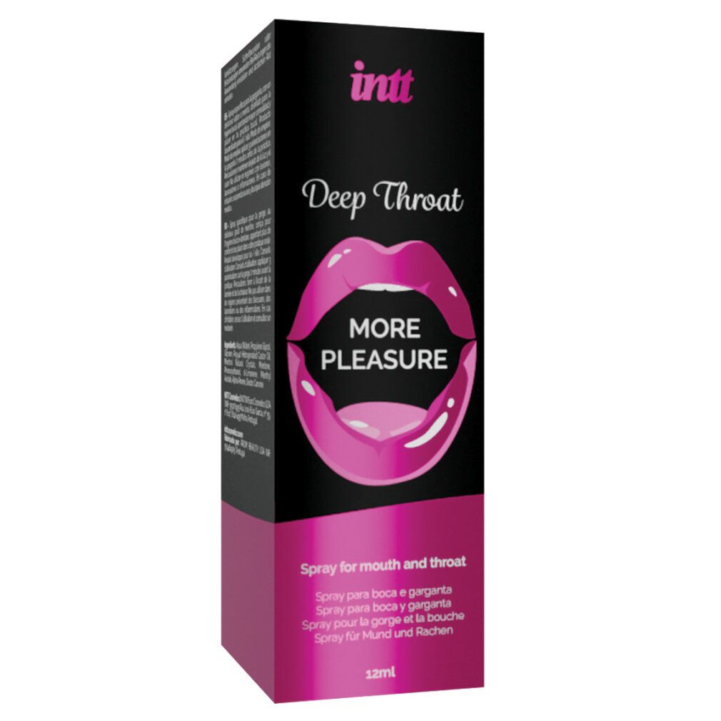 Confezione nera con nome del prodotto e grafica labbra. Testo: Deep Throat, More Pleasure. 12ml.