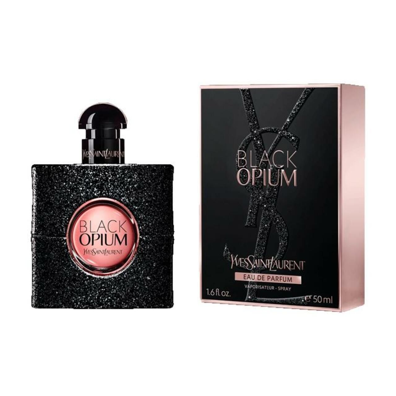 Flacone e confezione neri. Scritta Black Opium. Etichetta rosa. 1.6 fl. oz. Eau de Parfum Spray.