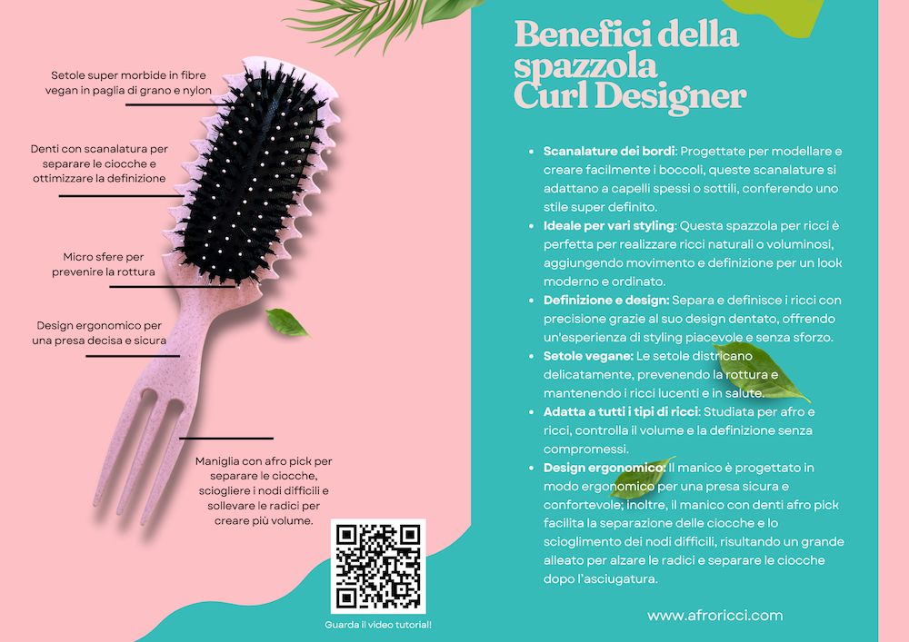 Descrizione del prodotto con illustrazioni. Spazzola con pettine e forchetta. Testo su vantaggi e design.
