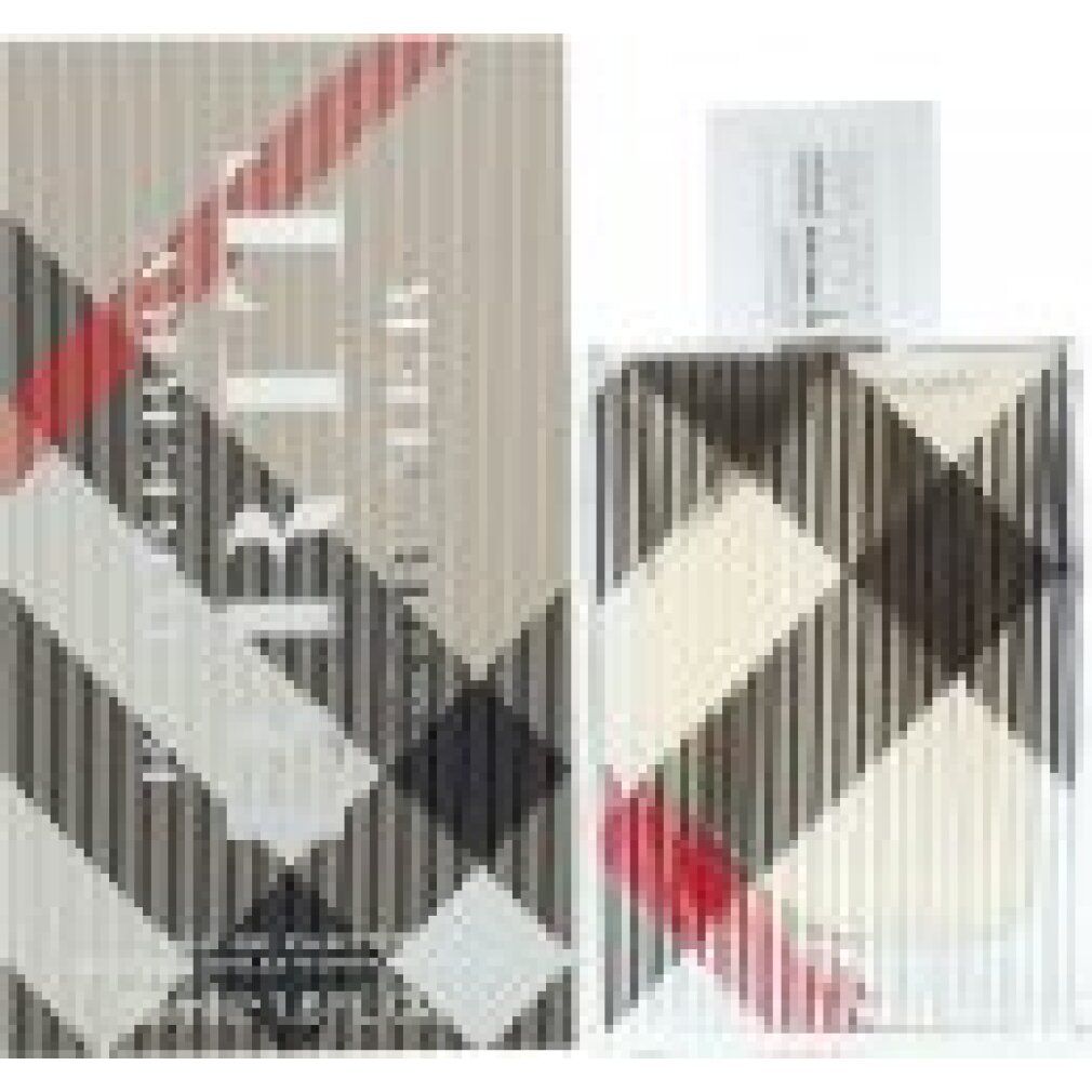 Burberry Brit for Her Eau de Parfum Spray. Flacone e confezione affiancati. Design beige a quadri.
