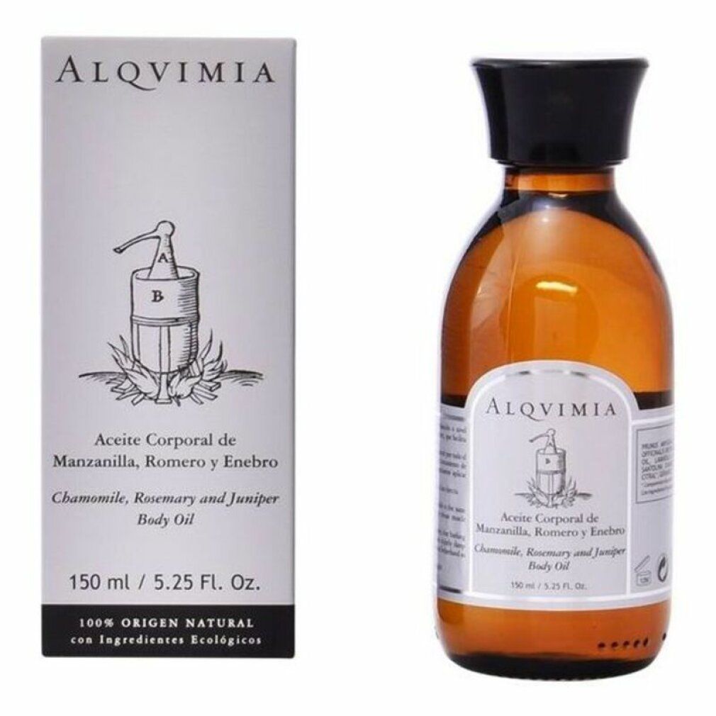 Flacone in vetro marrone e scatola. Scritta: Alqvimia, Aceite Corporal, Manzanilla, Romero y Enebro. 150 ml / 5.25 Fl. Oz. 100% Origin Natural.