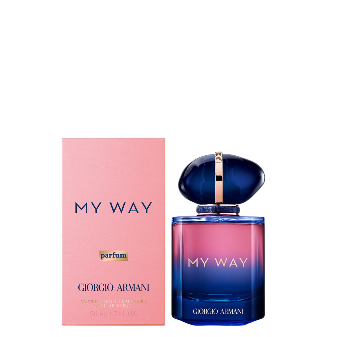 Flacone e confezione Giorgio Armani My Way Le Parfum. Sfumature rosa e blu. Scritta: MY WAY, Giorgio Armani. Parfum.