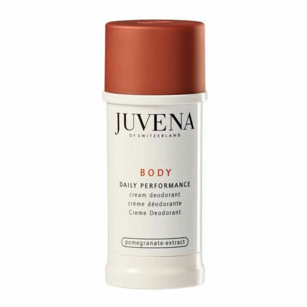 Stick deodorante bianco con tappo marrone. Scritta: Juvena of Switzerland. Nome prodotto: Body Daily Performance Cream Deodorant.