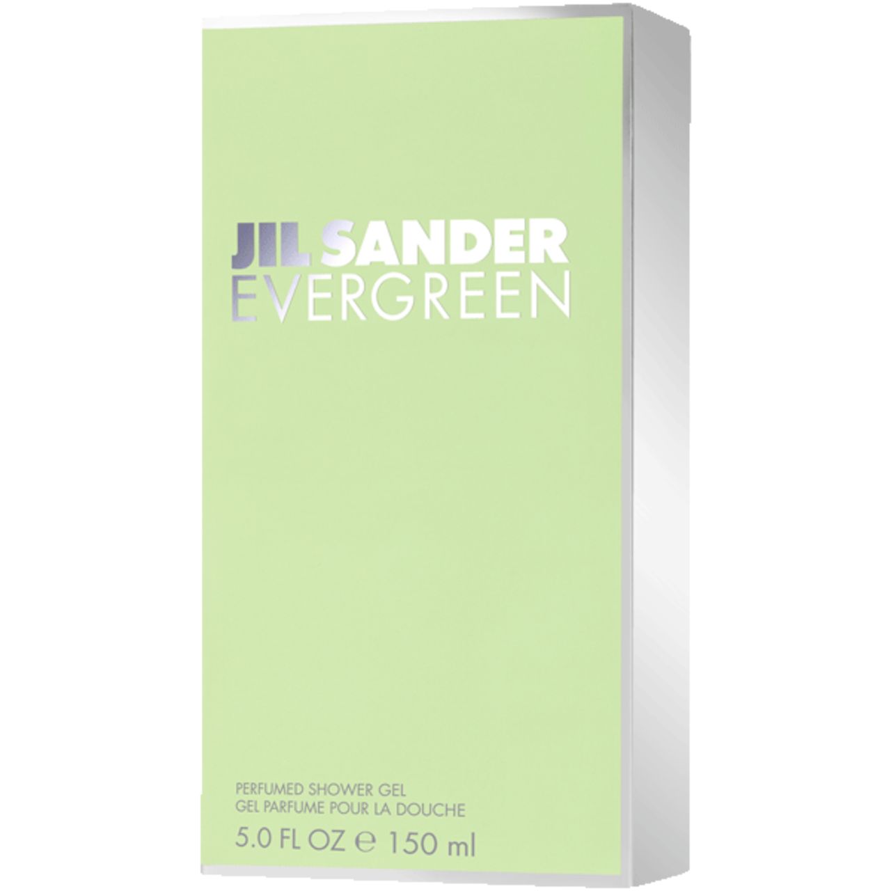 Confezione verde chiaro con testo del prodotto. Scritta: Jil Sander Evergreen, Perfumed Shower Gel. 5.0 FL OZ e 150 ml.