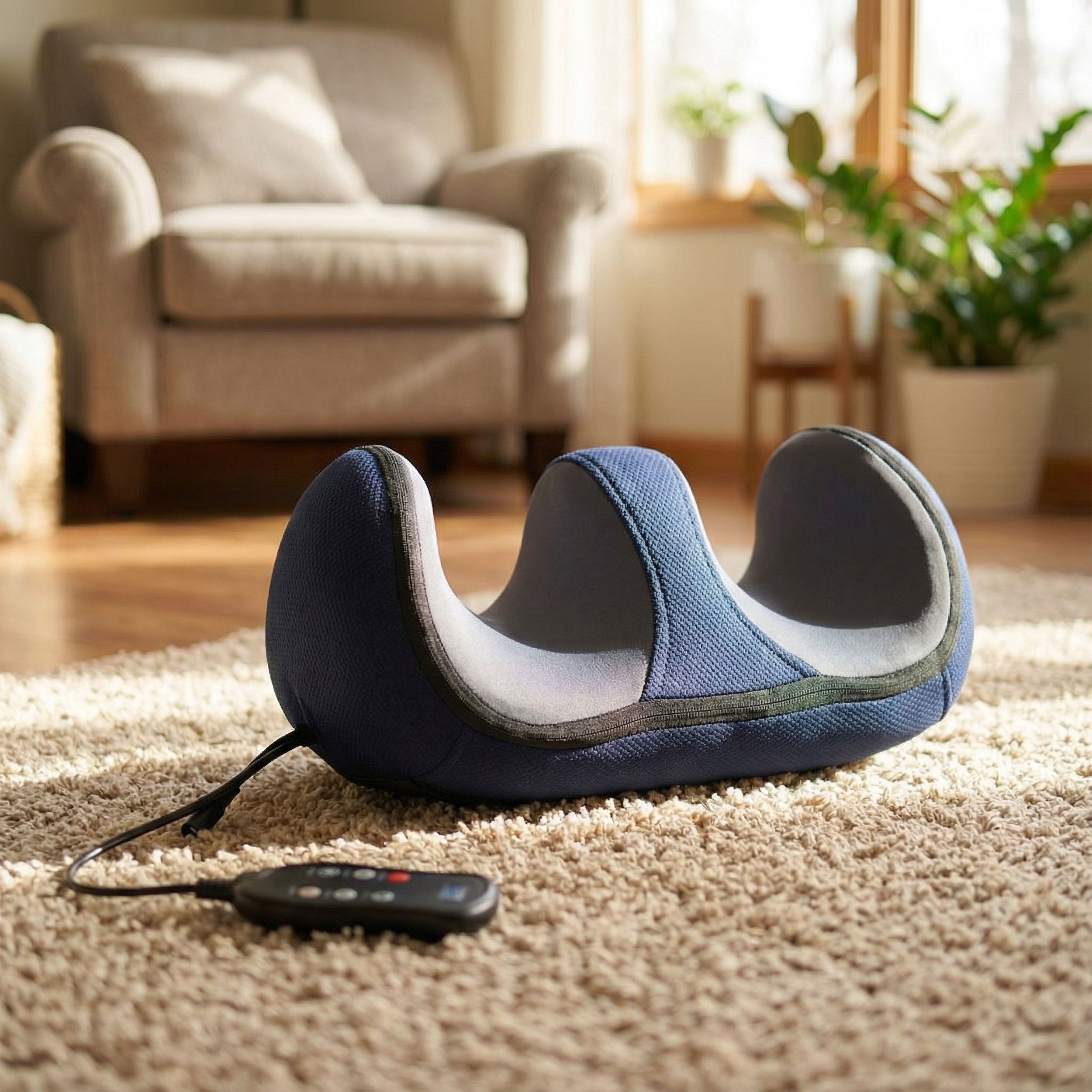 Dispositivo massaggiante blu-grigio su tappeto. Con telecomando via cavo. A forma di U.