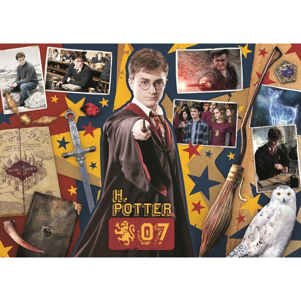 Puzzle con Harry Potter e bacchetta. Sfondo con foto, stelle e testo. Pezzi di puzzle con testo.