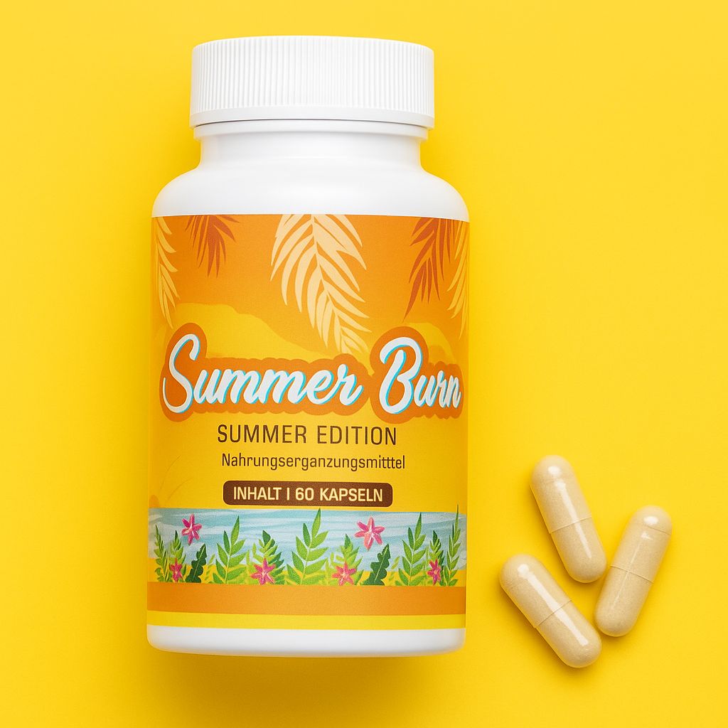 Flacone bianco con etichetta gialla. Scritta: Summer Burn, Summer Edition, 60 capsule. Accanto, tre capsule.