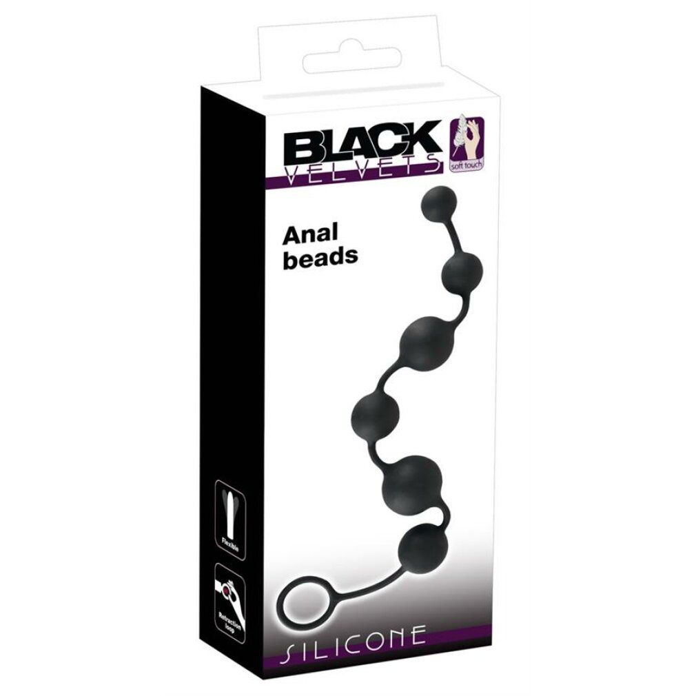 Perline anali nere in confezione. Marchio: Black Velvets. Testo: Anal beads, SILICONE. Confezione con immagine del prodotto.