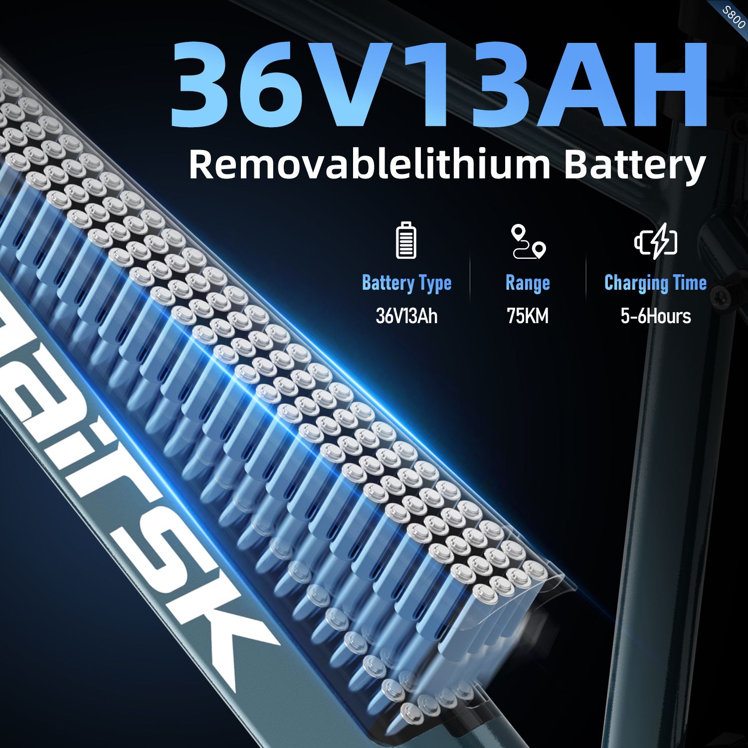 Grafico: batteria 36V13Ah, rimovibile. Autonomia 75 km, tempo di ricarica 5-6 ore.