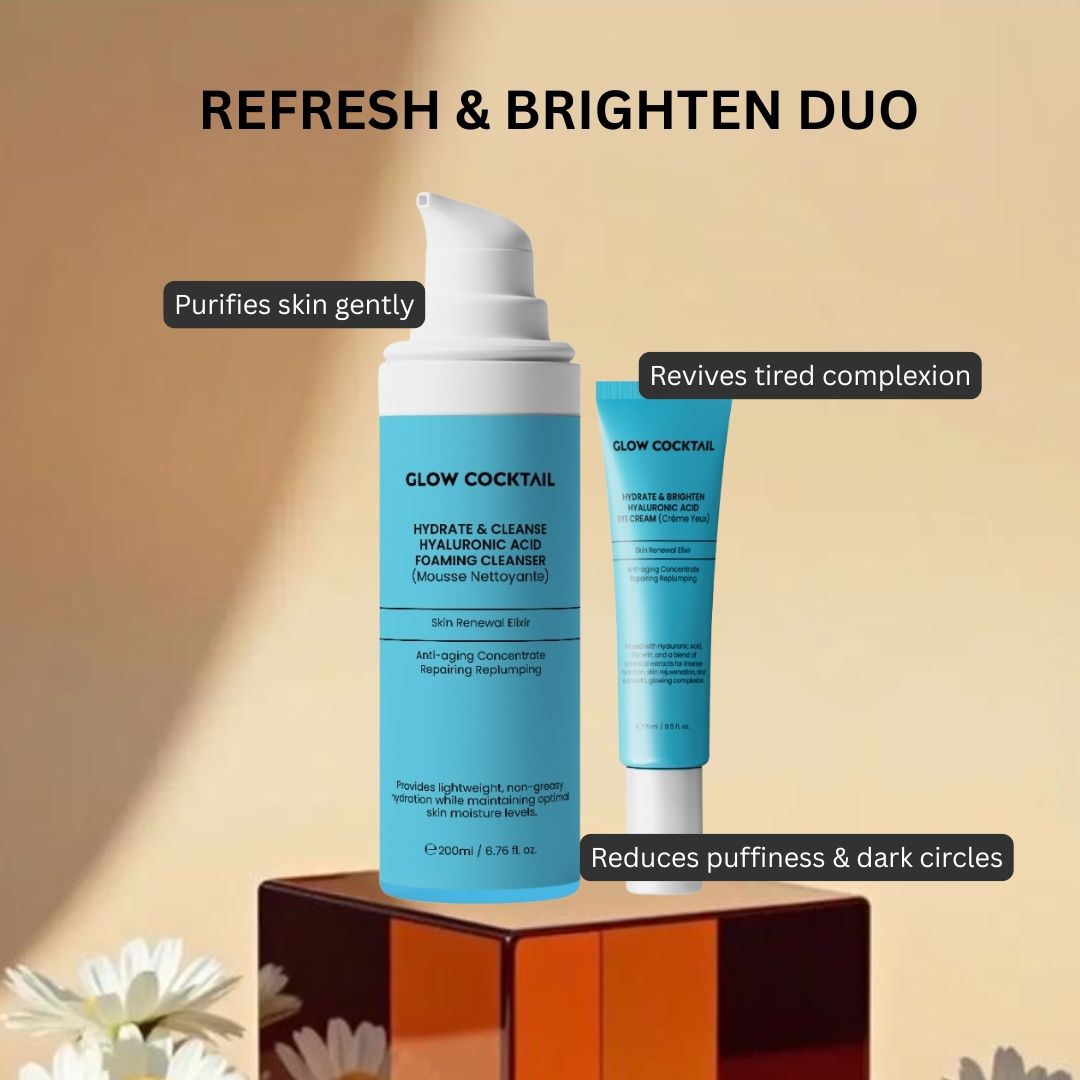 Detergente e crema occhi Glow Cocktail su piedistallo. Testo: Refresh & Brighten Duo. Didascalie: Purifica delicatamente la pelle, Rivitalizza il colorito.