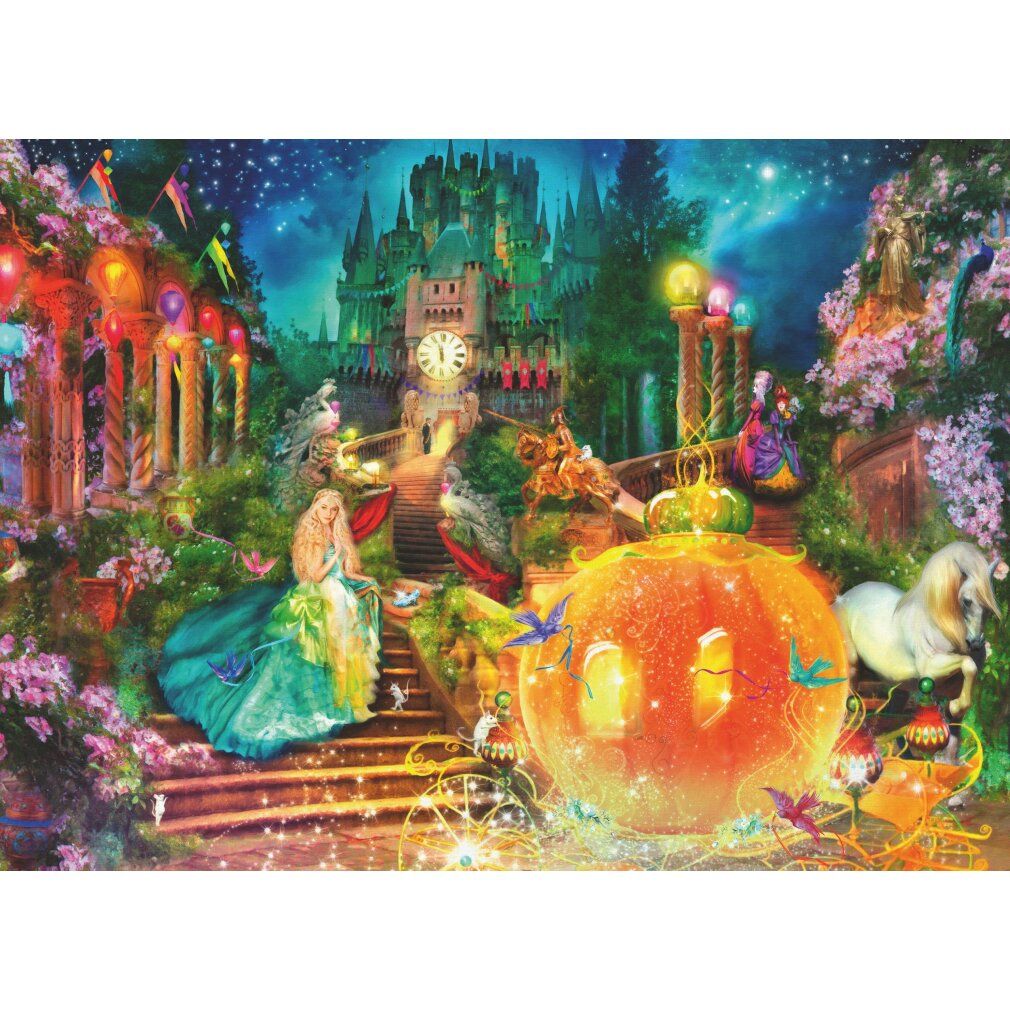 Puzzle Cenerentola, 100 pezzi. Immagine del puzzle: castello, carrozza, principessa. Si illumina al buio. Vista dettagliata del puzzle.