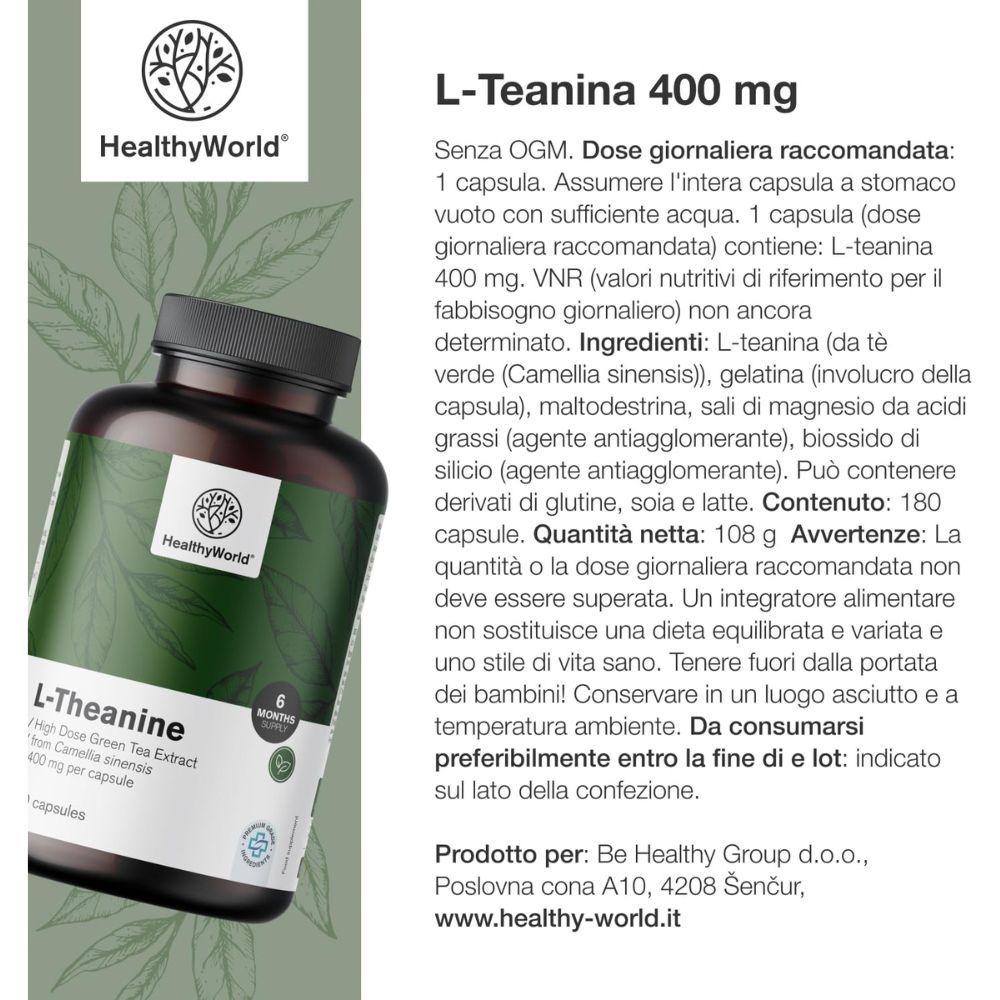 Testo sulla L-Teanina. Flacone con capsule. Scritta: L-Teanina, 400 mg, 180 capsule. Marchio: HealthyWorld.