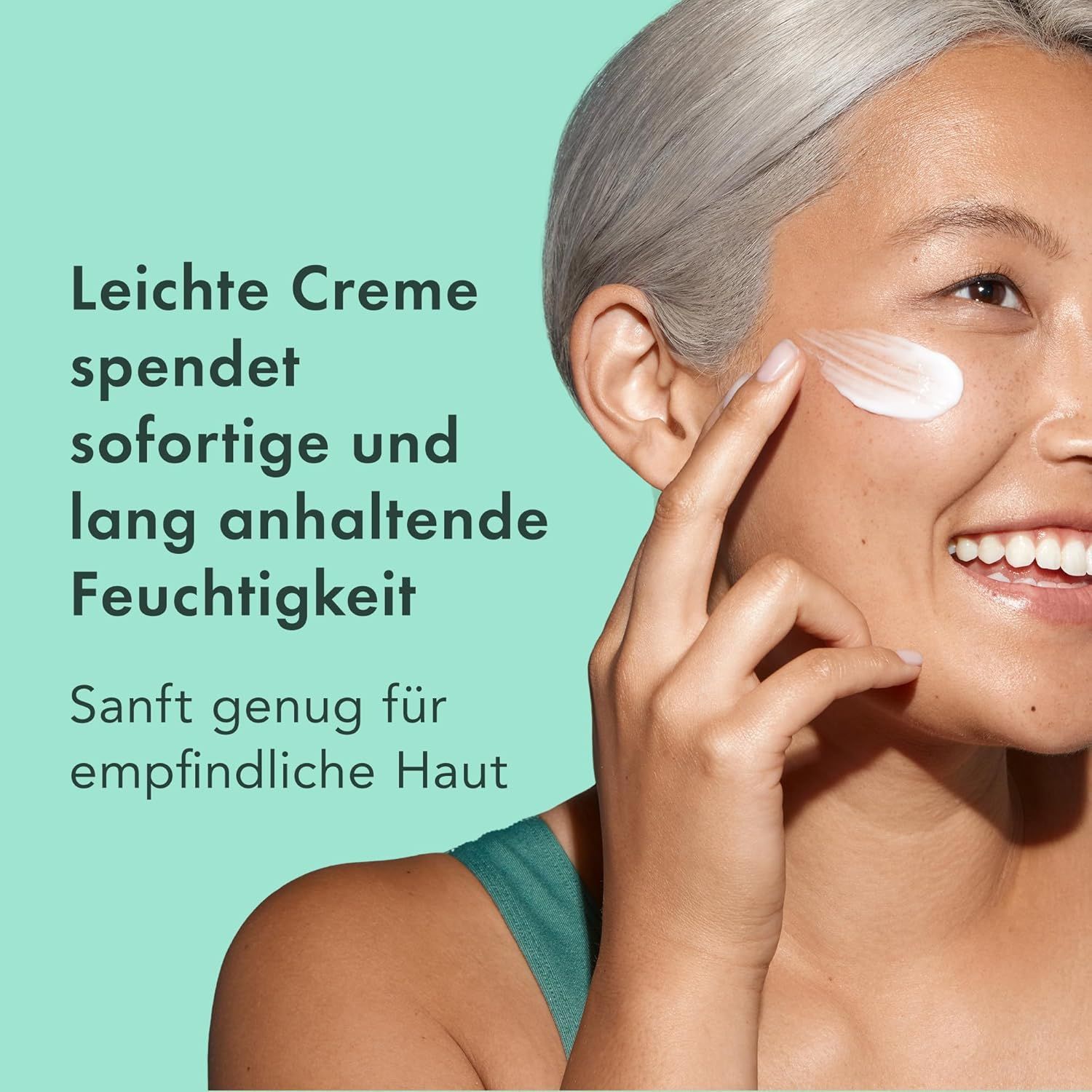 Donna applica crema. Testo: Crema leggera idrata immediatamente e a lungo. Delicata per pelli sensibili.