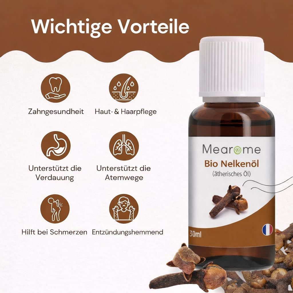 Flacone di prodotto con vantaggi. Temi: salute dentale, cura della pelle, digestione, vie respiratorie, dolori. Bandiera francese.