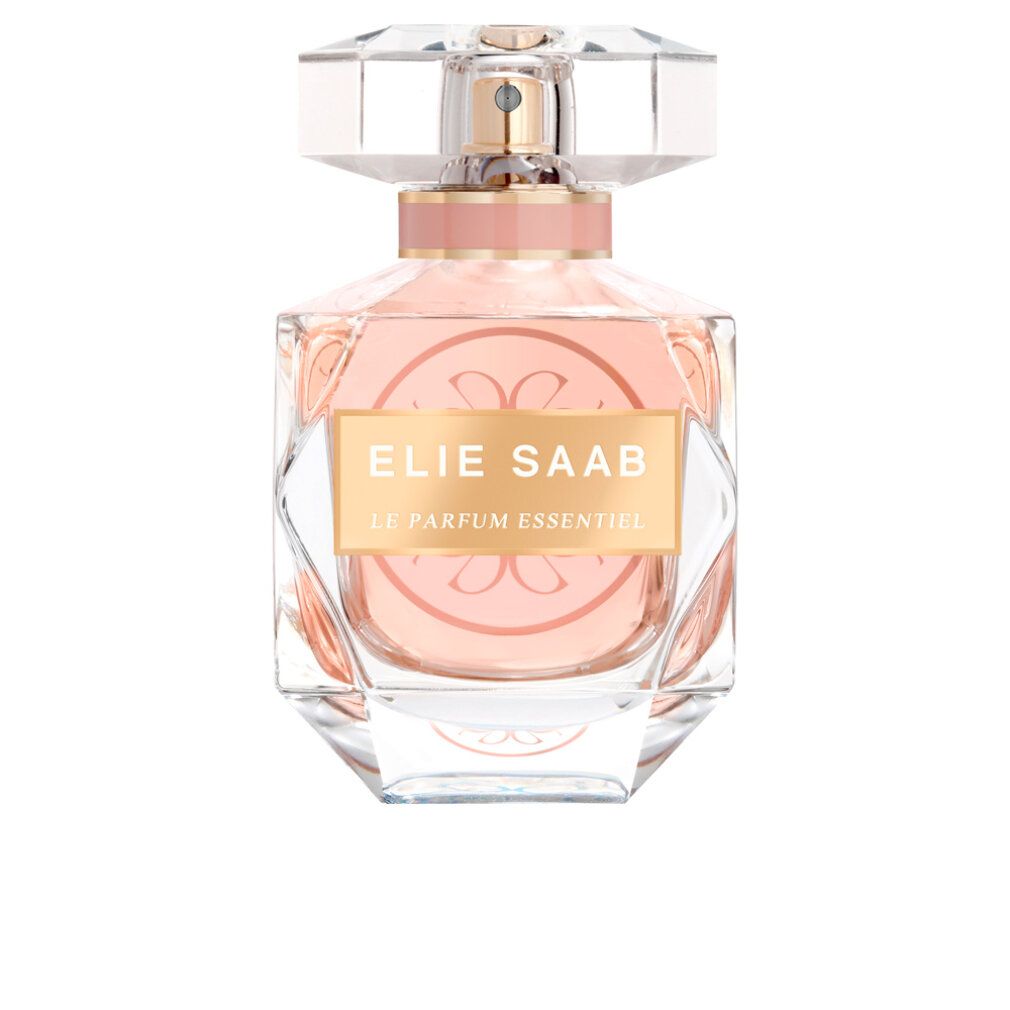 Flacone di profumo con liquido rosa. Scritta: Elie Saab Le Parfum Essentiel. Tappo trasparente.