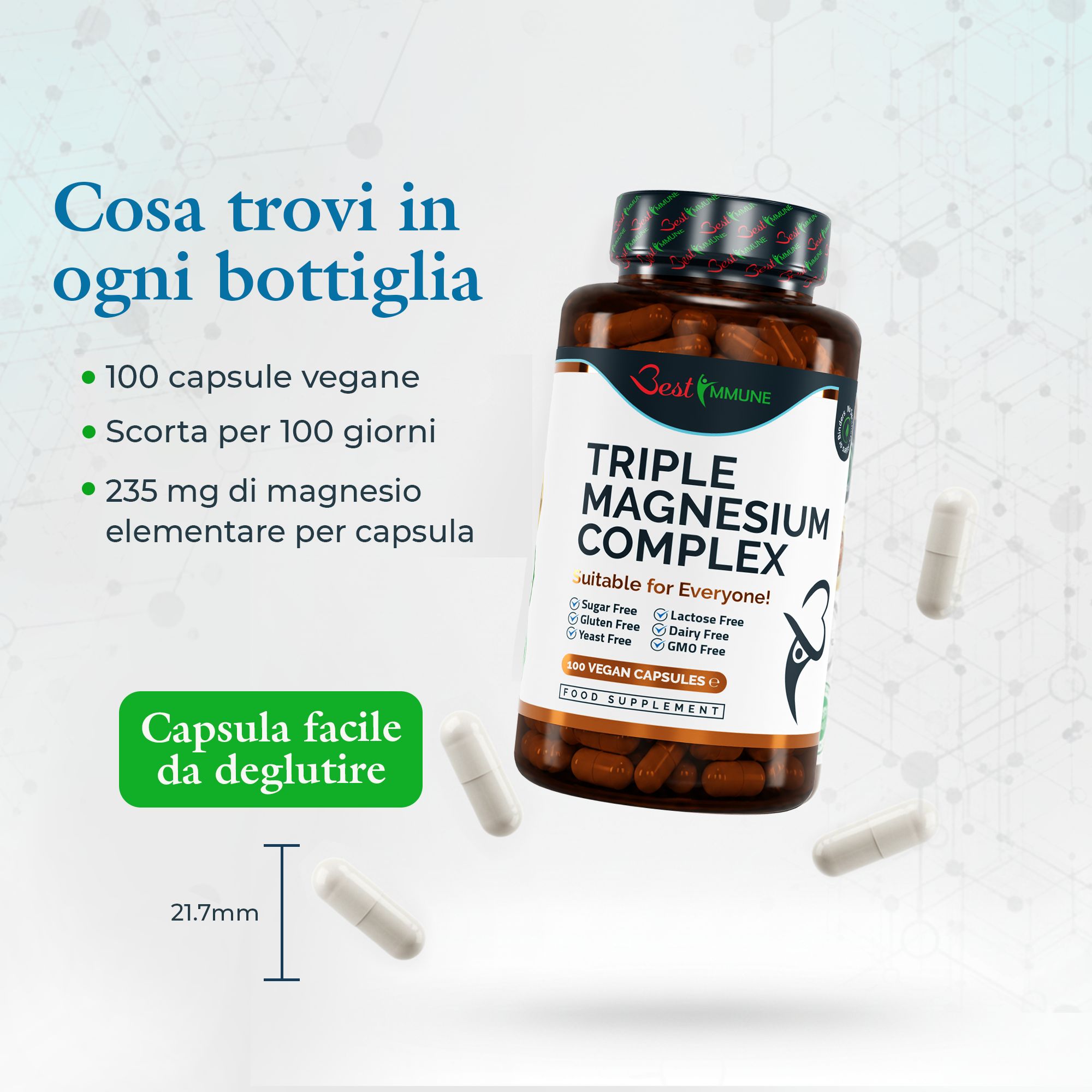 Corridore con pettorale 1167. Flacone Triple Magnesium Complex in primo piano. Per un sonno migliore, più energia.
