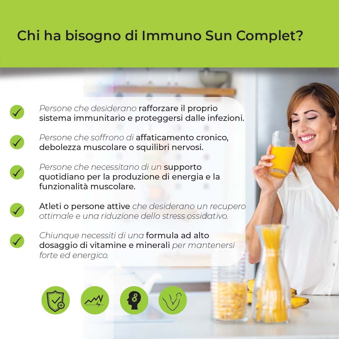 Donna con un bicchiere di succo d'arancia. Testo sul target di Biostile Immuno Sun Komplett.
