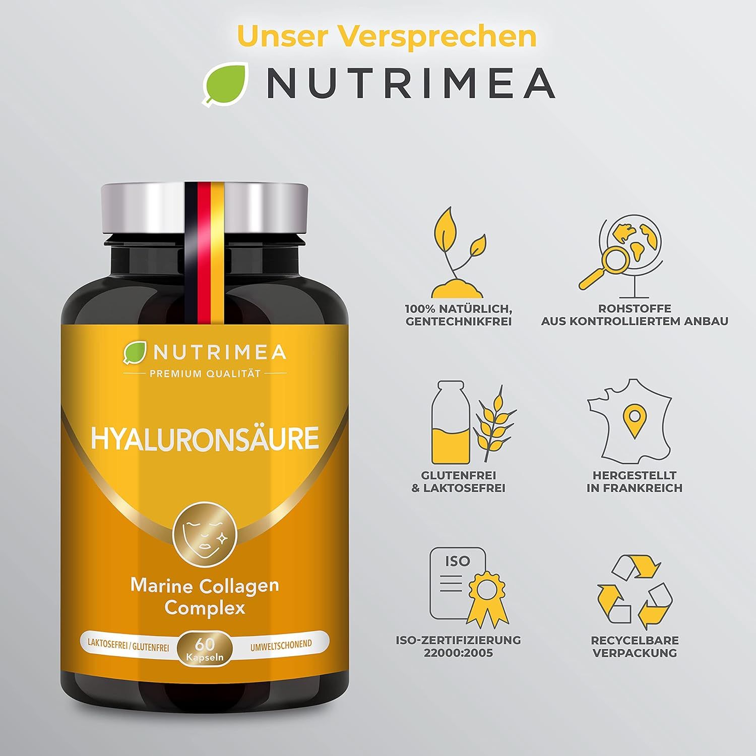 Una bottiglia di acido ialuronico. Testo: 100% naturale, senza glutine, senza lattosio, prodotto in Francia, riciclabile.