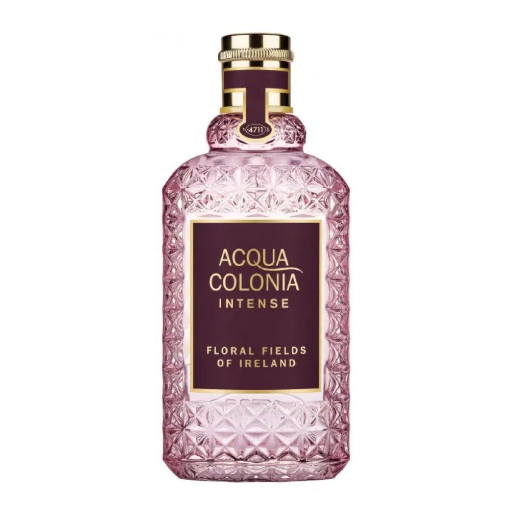 Flacone in vetro rosa con tappo dorato. Scritta: ACQUA COLONIA INTENSE, FLORAL FIELDS OF IRELAND.