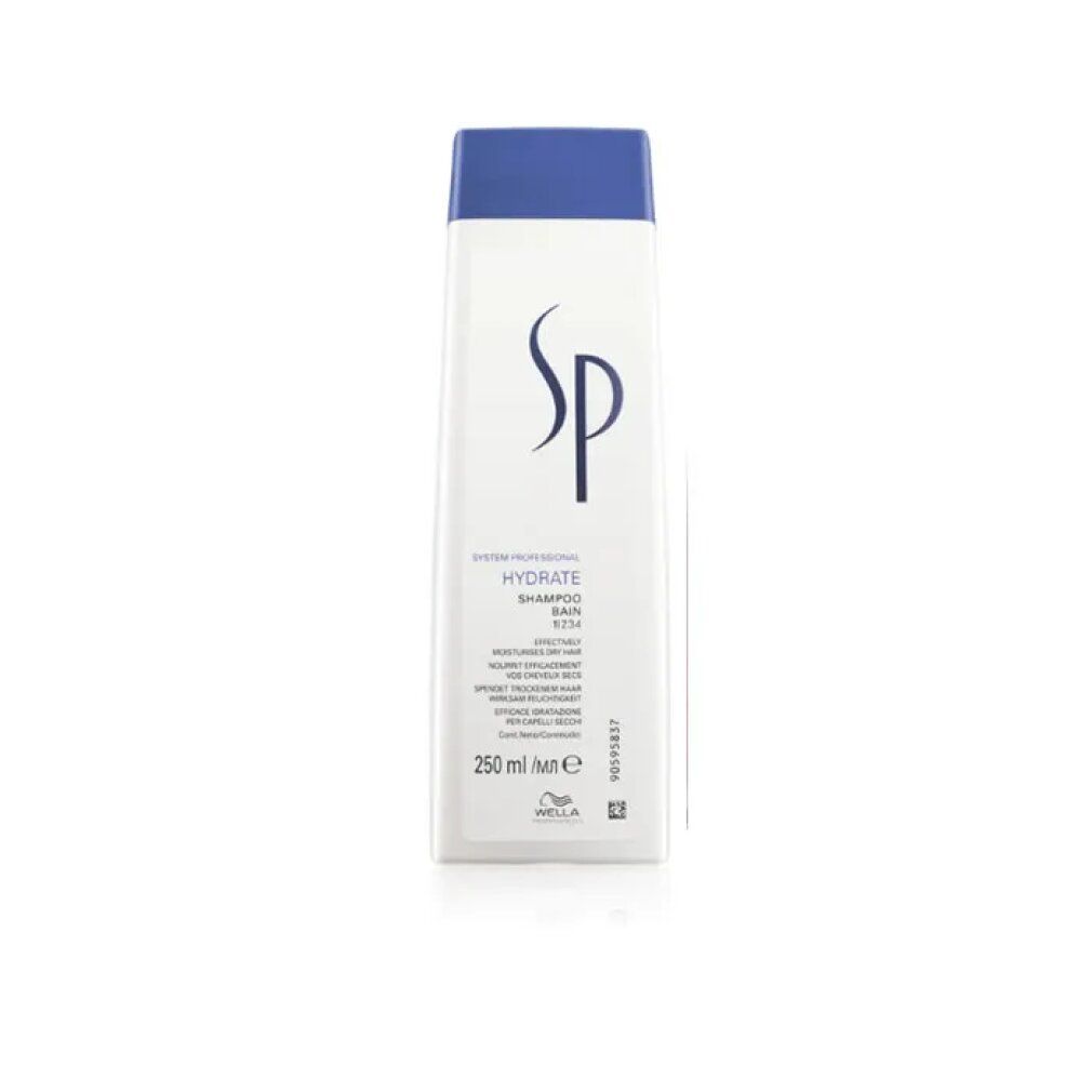 Shampoo bianco, tappo blu. Logo SP e nome prodotto. 250 ml. Logo Wella.
