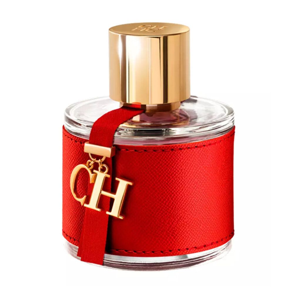Flacone rotondo in vetro con fascia rossa e chiusura dorata. Ciondolo dorato con logo CH. Tappo dorato.