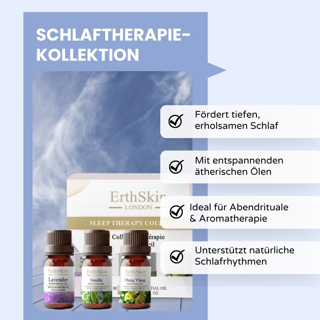 ErthSkin London Sleep Therapy Collection. Tre flaconi di oli essenziali. Confezione con informazioni e testo.