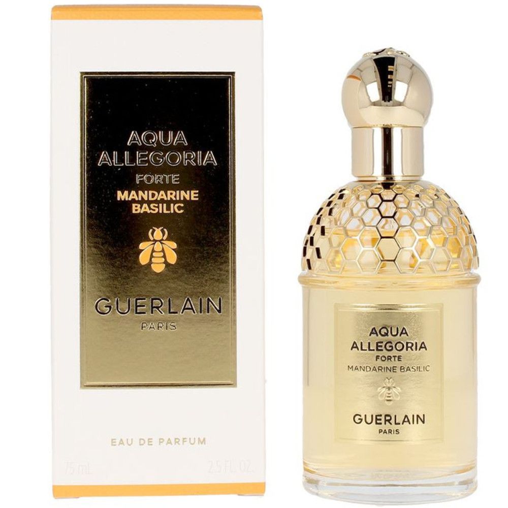 Flacone e confezione Guerlain Aqua Allegoria Forte. Dettagli dorati, logo ape e testo. Confezione rettangolare.