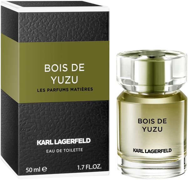 Flacone e confezione Karl Lagerfeld Bois de Yuzu. Confezione nera con fascia verde, flacone con tappo trasparente.