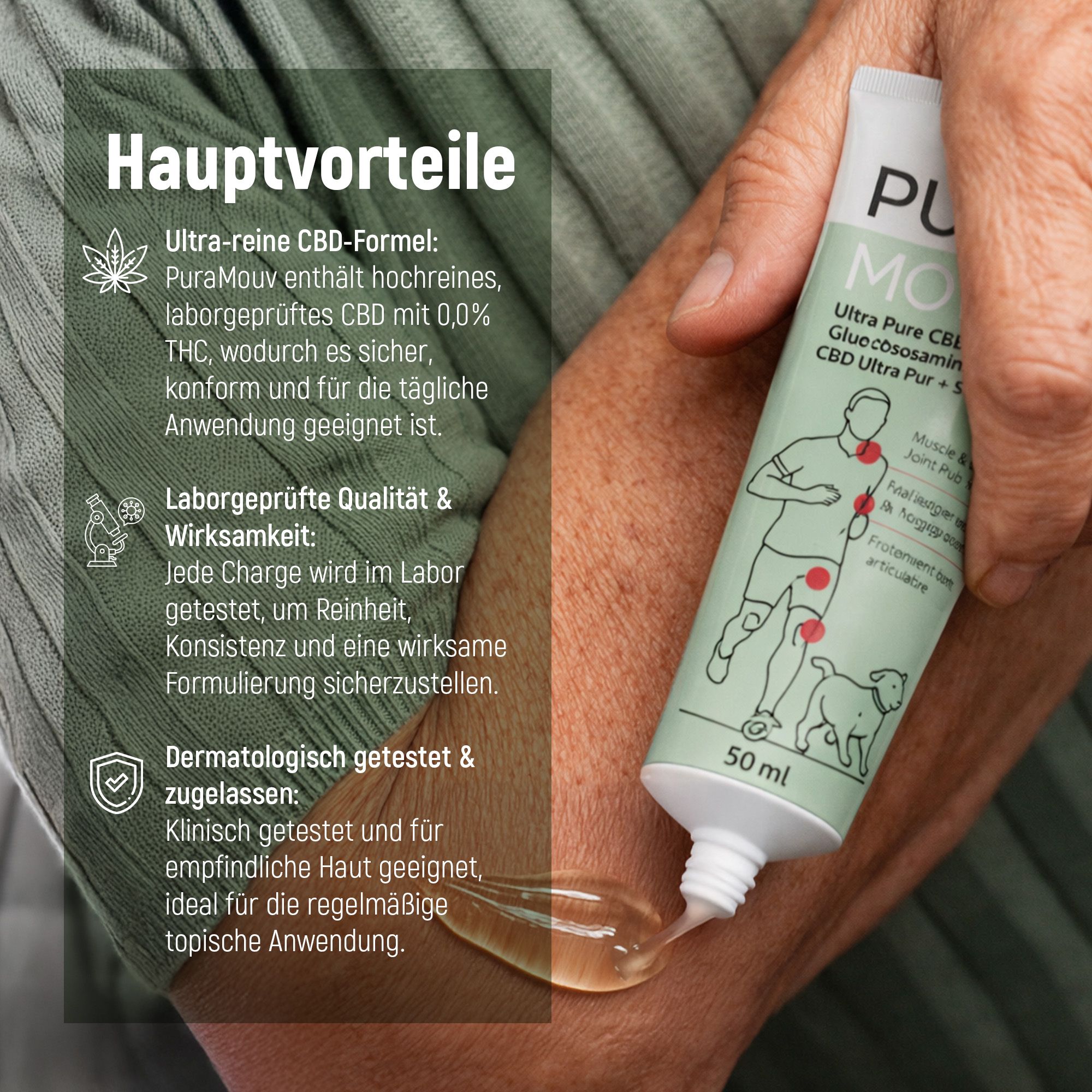 BHW PuraMouv Balsamo Muscolare & Articolare CBD & Glucosamina Tubo in mano, testato dermatologicamente.