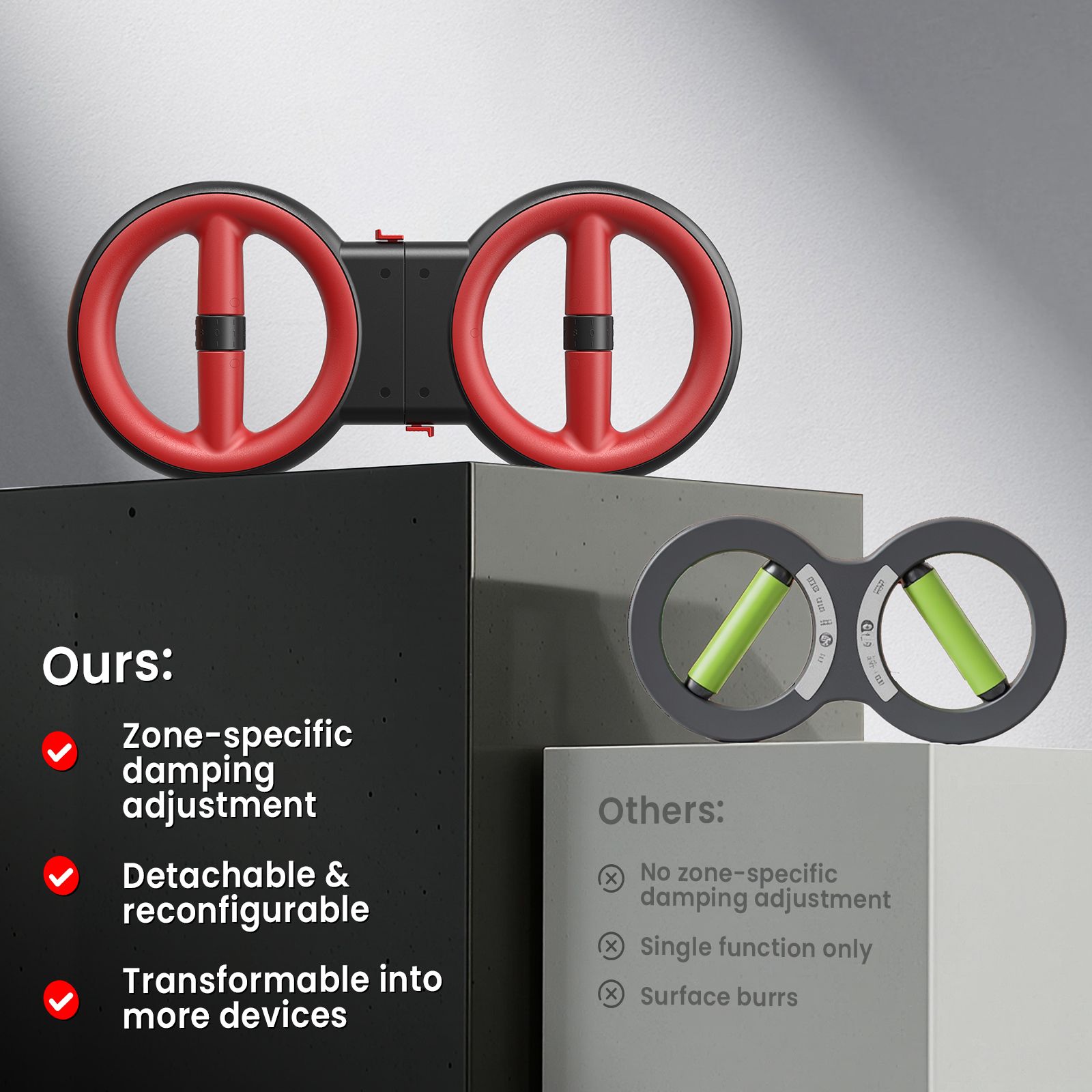 Dispositivo nero e rosso per braccia e petto. Due ruote con maniglie, collegate. Confronto con un prodotto simile.