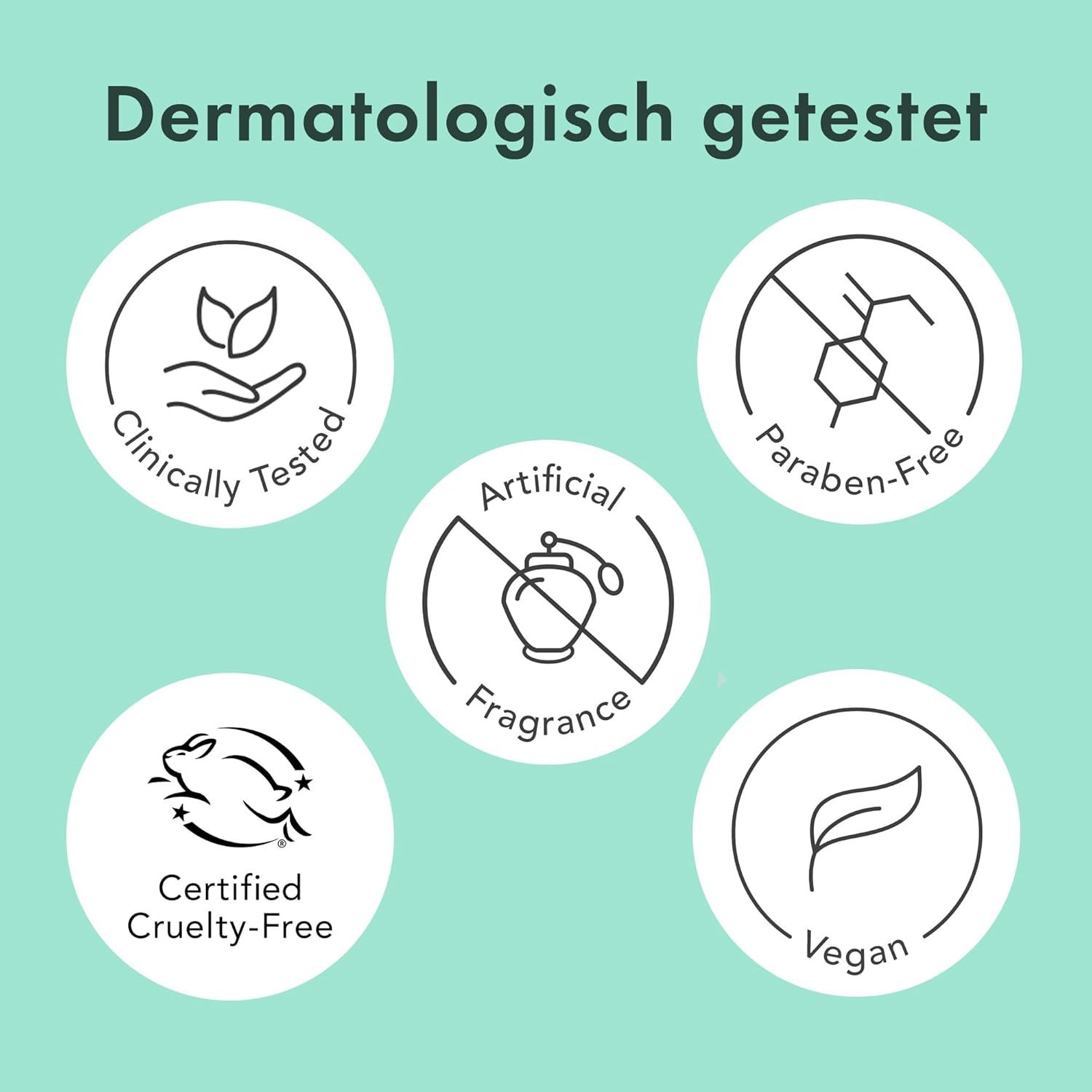 Loghi circolari. Testo: Dermatologicamente testato, clinicamente testato, senza parabeni, senza profumo artificiale, vegano, cruelty-free.