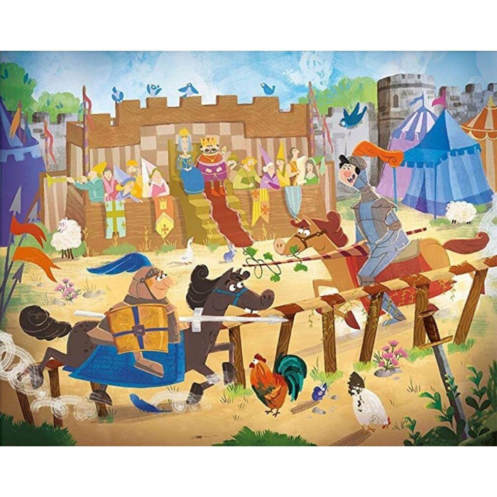 Illustrazione puzzle: torneo cavalleresco con cavalli, cavalieri e spettatori. Castello sullo sfondo. Colori vivaci.