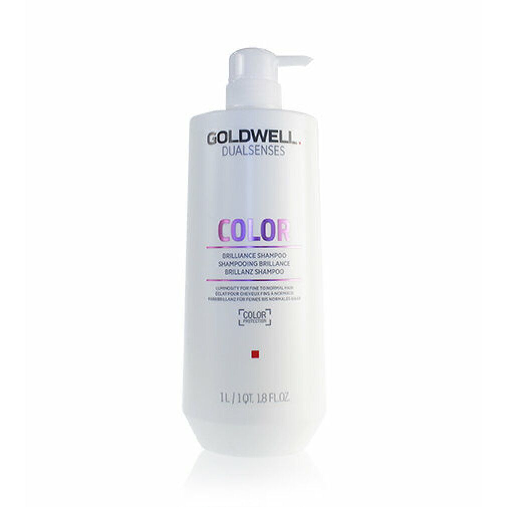 Flacone di shampoo bianco con dosatore a pompa. Scritta: Goldwell Dualsenses Color. Nome prodotto: Brilliance Shampoo. 1L/1QT 1.8 fl.oz.