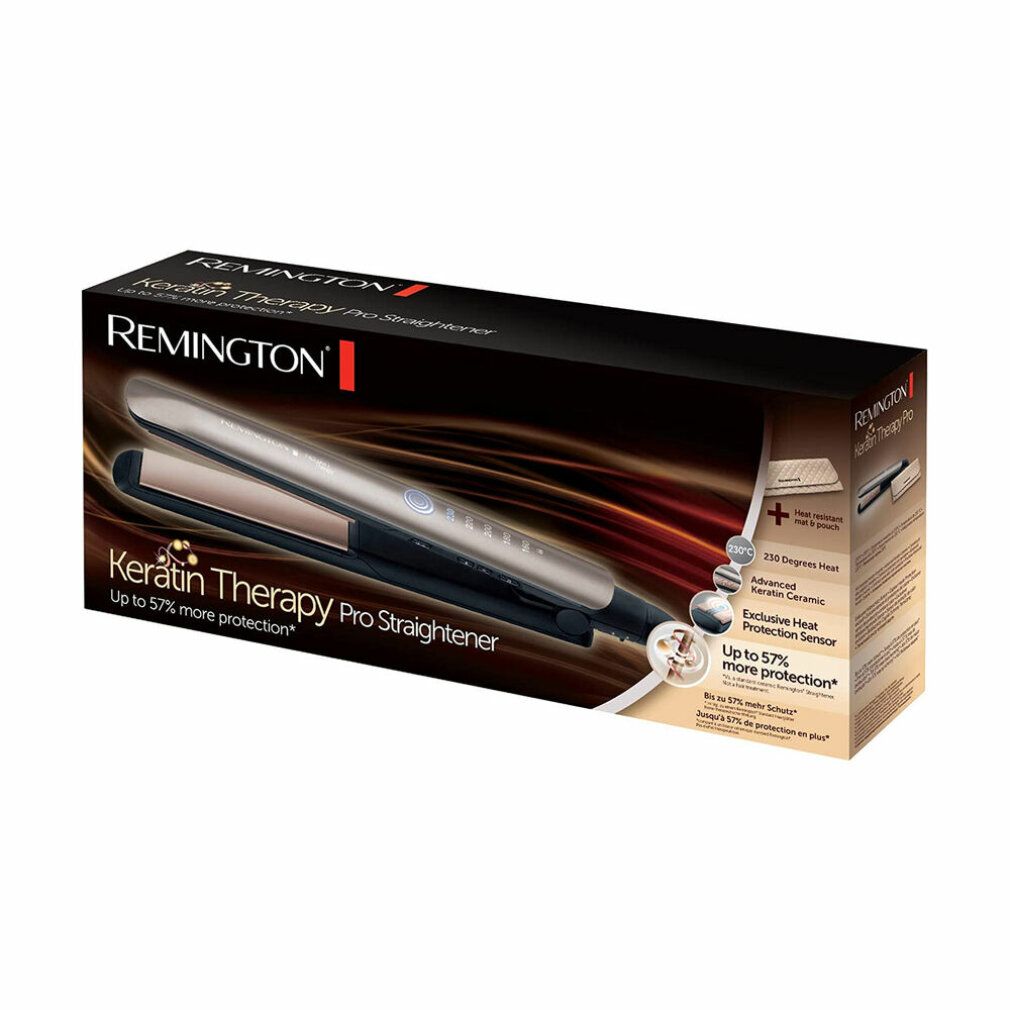 Confezione piastra per capelli. Marchio Remington, nome prodotto Keratin Therapy Pro. Immagine.