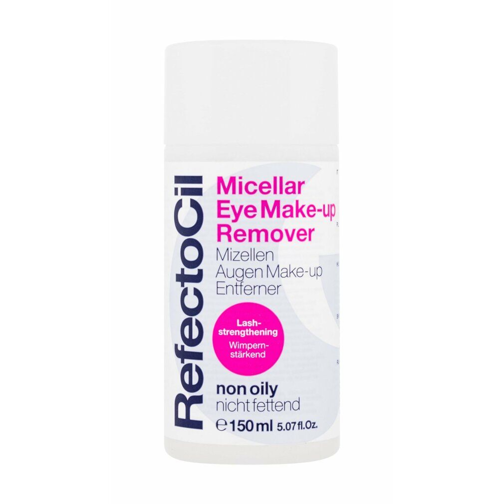 Flacone bianco con testo rosa 'Micellar Eye Make-up Remover' e logo RefectoCil. Contiene 150ml.