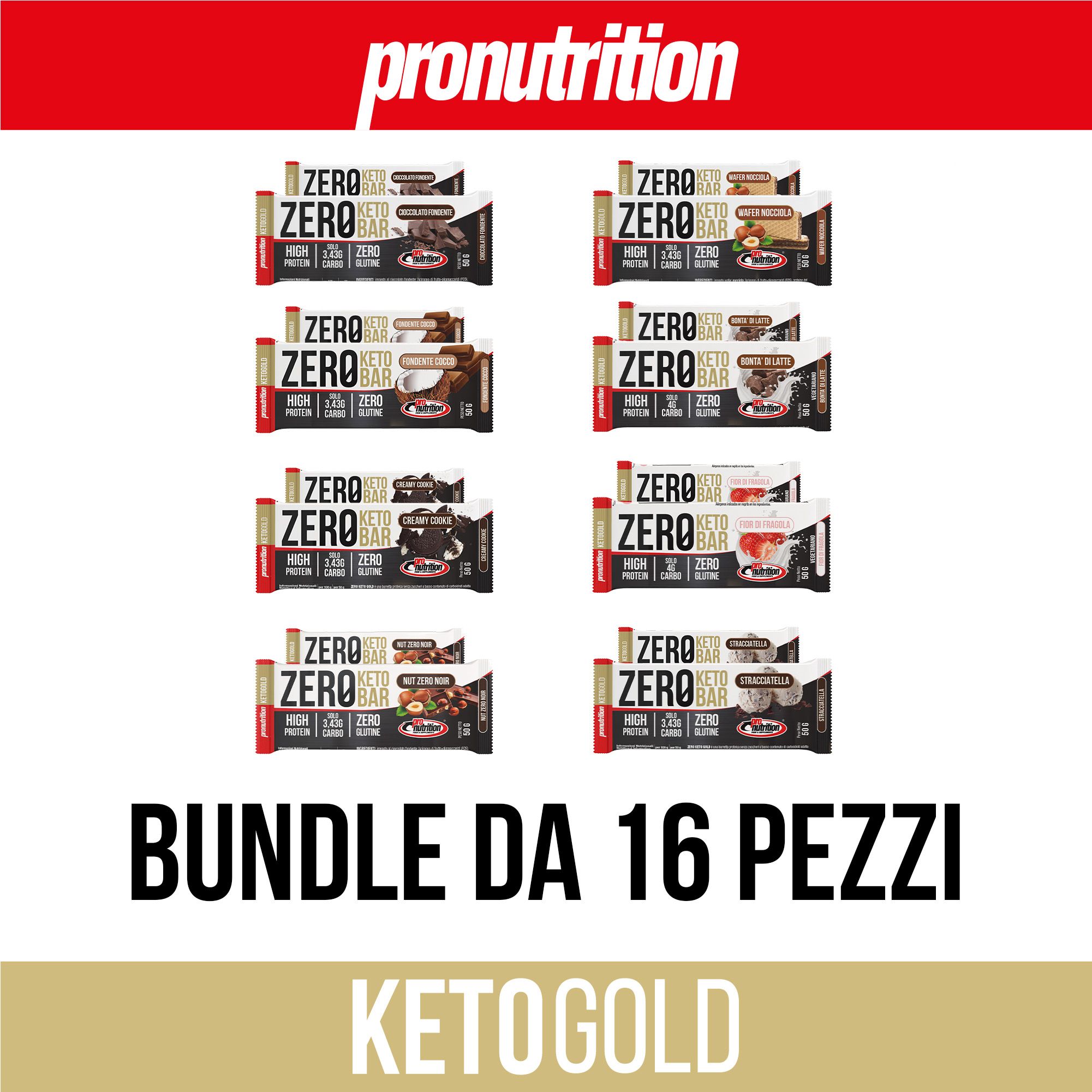 Barrette confezionate. Testo: Bundle da 16 pezzi, Ketogold. Logo Pronutrition.